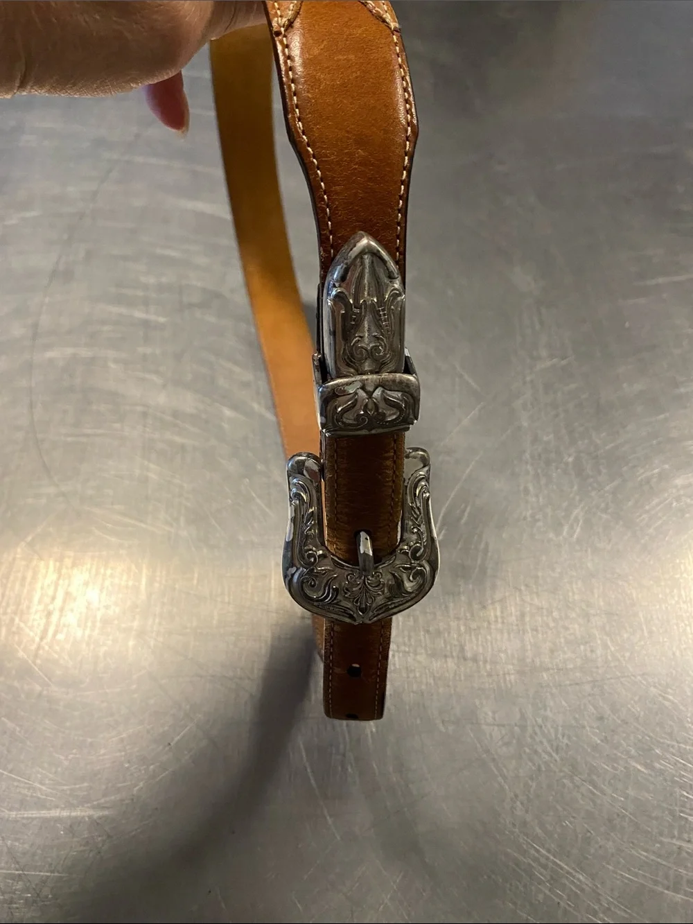 Justin Boots Tan Leather Belt with Ornate Silver Buckle size 30